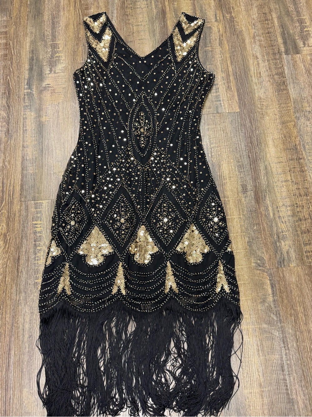 Black & Gold Beaded Fringe Evening Dress M - Picture 9 of 16